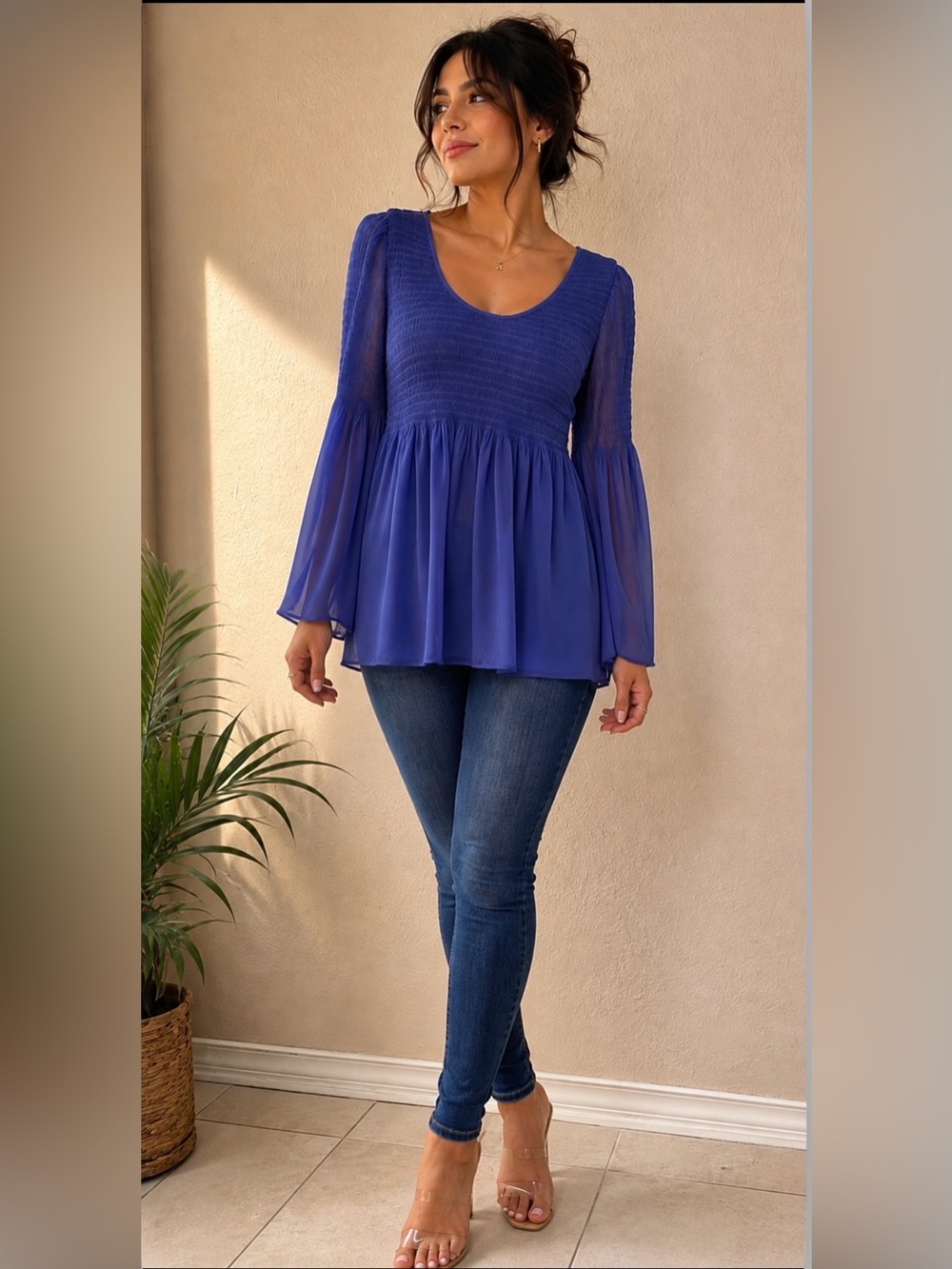 Cecico Royal Blue Smocked Peasant Tunic Top